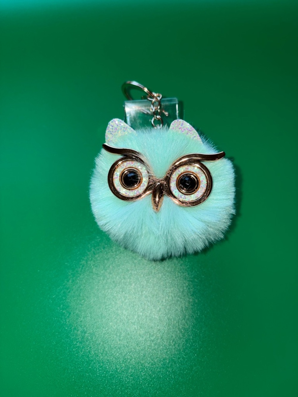 Aqua Furry Owl Keychain with Gold Accents